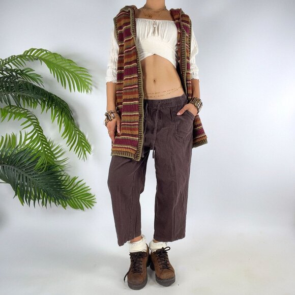 Vintage 90s Aeropostale Brown Striped Boho Granola Hooded Knit Grandpa Vest / L - Picture 8 of 8